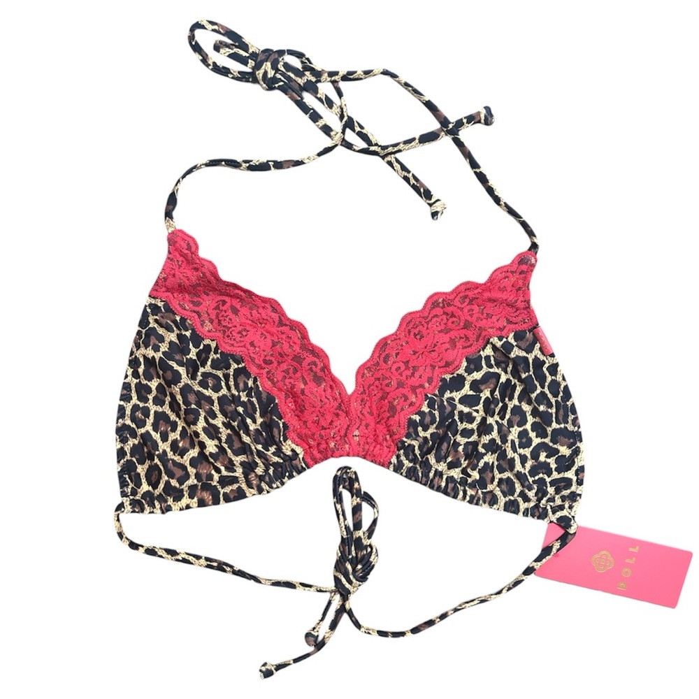 Doll Swimwear Lanai Leopard & Red Edge Lace Triangle Bikini Top NWT